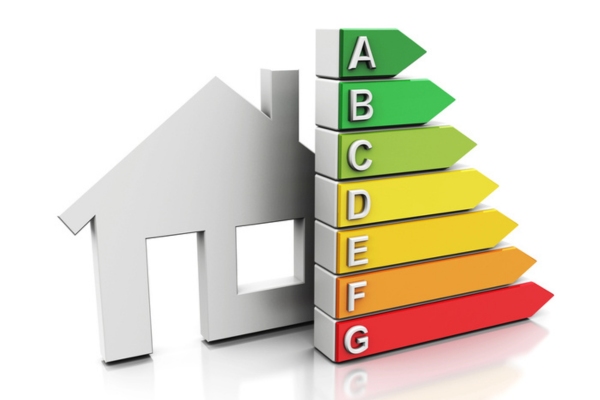 3D cutout of a house with energy efficiency meter depicting heating oil efficiency