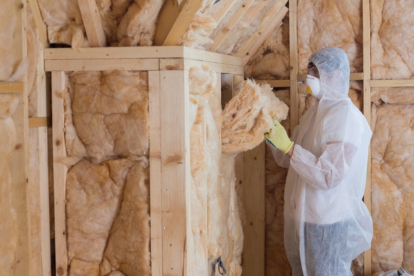 worker filling walls with new insulation