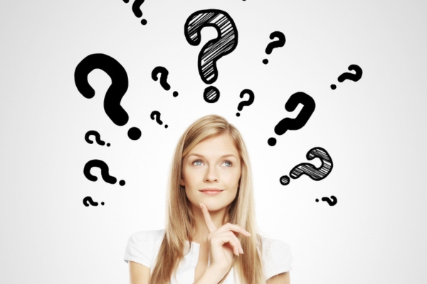 image of a thinking woman with question marks on top of her head