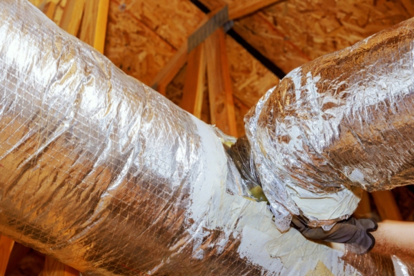 HVAC technician fixing ductwork insulation leaks