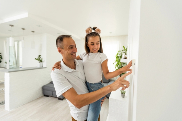 father and daughter adjusting home thermostat