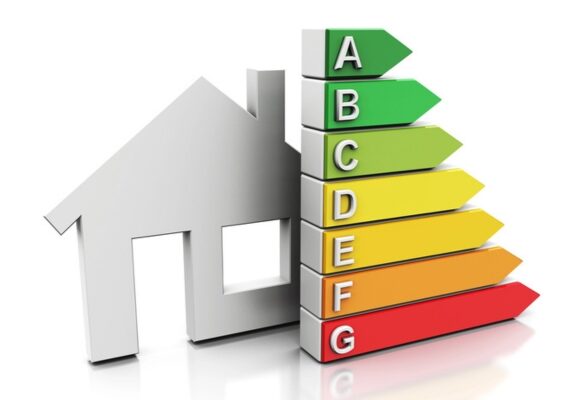 3D cutout of a house with energy efficiency meter depicting heating oil efficiency