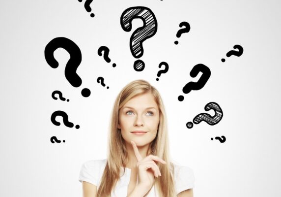 image of a thinking woman with question marks on top of her head